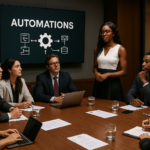 Executives in a boardroom meeting discussing marketing automations strategy.