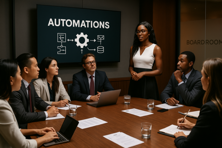 Executives in a boardroom meeting discussing marketing automations strategy.